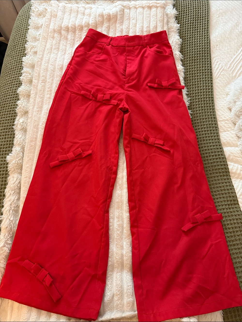 Red Wide-Leg Bow Detail Pants